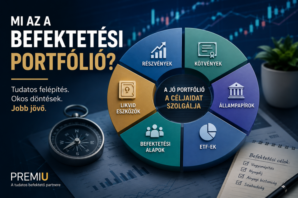 Befektetési portfólió részvényekkel, kötvényekkel, ETF-ekkel és befektetési alapokkal