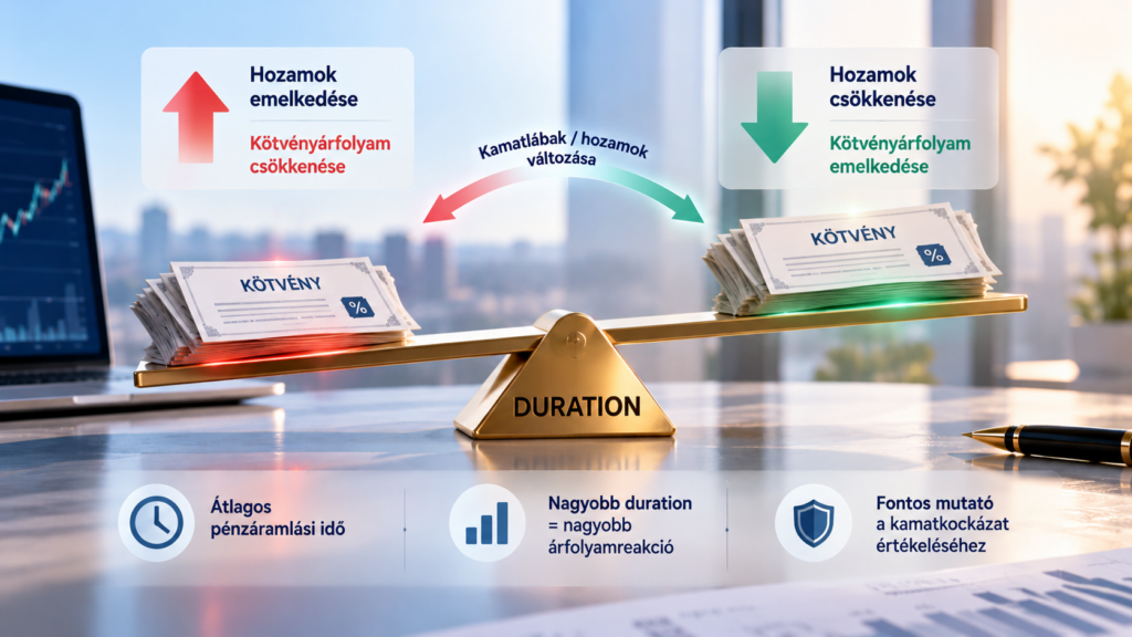 Kötvény duration és kamatkockázat szemléltetése mérleggel: a piaci hozamok emelkedése kötvényárfolyam-csökkenéssel, csökkenése árfolyam-emelkedéssel jár.