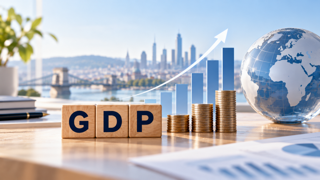 GDP, azaz bruttó hazai termék: gazdasági növekedést szemléltető emelkedő oszlopdiagram, pénzérmék és földgömb egy modern pénzügyi illusztráción.