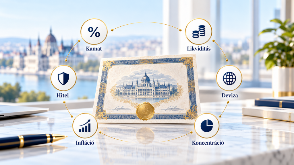 Kötvénybefektetés legfontosabb kockázati tényezőit bemutató illusztráció: kamatkockázat, hitelkockázat, infláció, likviditás, devizaárfolyam és koncentráció.