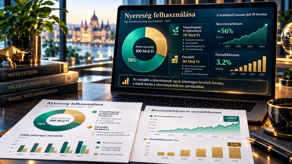 A vállalati nyereség felosztását bemutató pénzügyi grafikon: 70% visszaforgatás és fejlesztés, 30% osztalékfizetés, részvényárfolyam- és osztalékhozam-adatokkal.