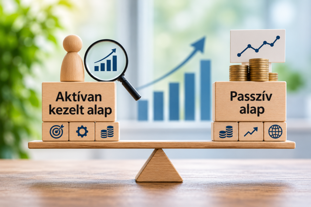 Aktívan kezelt vagy passzív befektetési alap összehasonlítása, a két stratégia előnyeit és működését szemléltető ábrával.