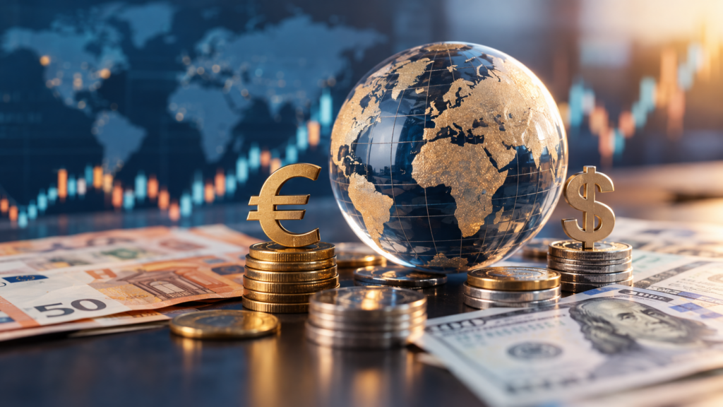Földgömb euró- és dollárszimbólumokkal, pénzérmékkel és bankjegyekkel, a devizakockázat és az árfolyamváltozás szemléltetésére. Másolás