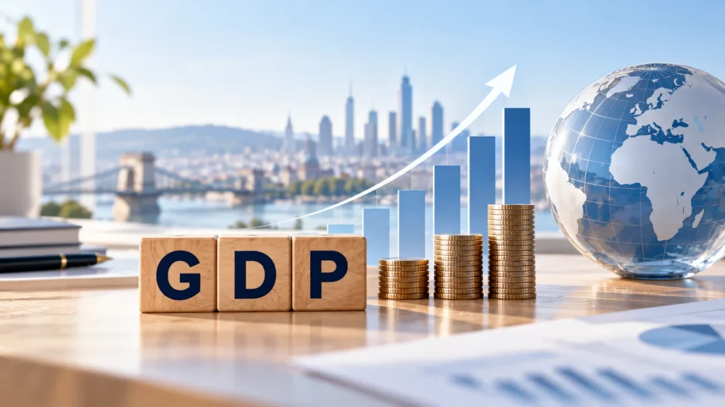 GDP, azaz bruttó hazai termék: gazdasági növekedést szemléltető emelkedő oszlopdiagram, pénzérmék és földgömb egy modern pénzügyi illusztráción.