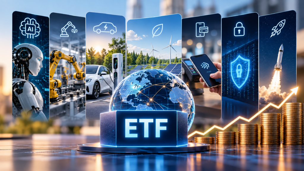 Tematikus ETF-befektetések technológiai trendekhez kapcsolódóan, mesterséges intelligencia, robotika, elektromos járművek és megújuló energia ábrázolásával.